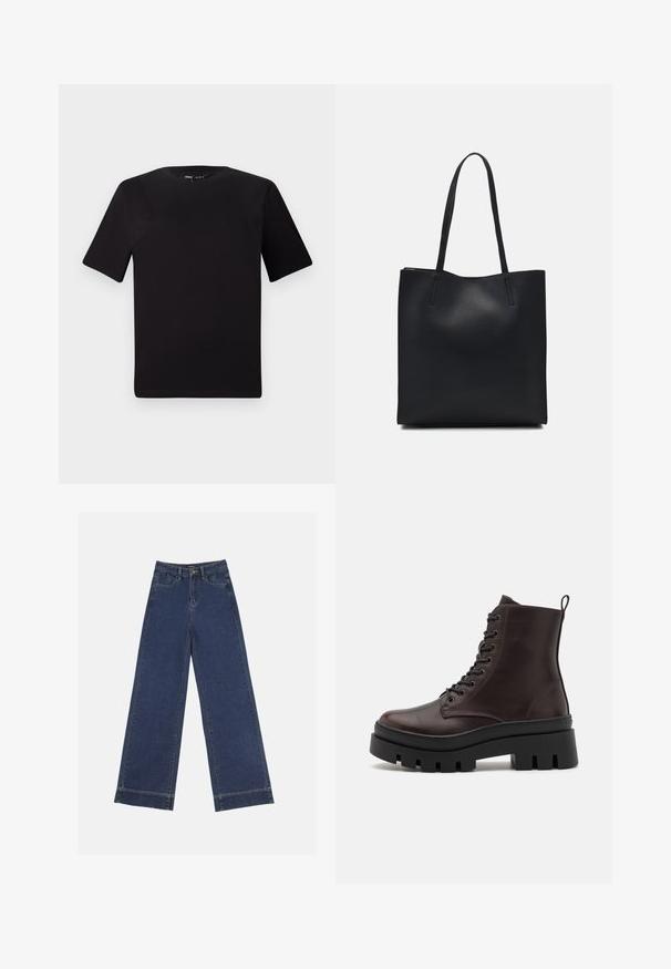 T-shirt nera a maniche corte con scollatura rotonda, realizzata in morbido cotone. Design semplice, senza loghi o motivi visibili.; Jeans a gamba larga in denim blu scuro. Presentano cinque tasche, passanti per cintura e un orlo grezzo in fondo con dettagli di cucitura visibili.; Stivali alla caviglia in pelle marrone con punta rotonda, suola nera spessa e dettagli con lacci. Presentano un anello sul retro per indossarli facilmente.; Borsa tote in pelle nera con texture liscia, forma rettangolare e due manici lunghi. Nessun hardware o decorazione visibile.