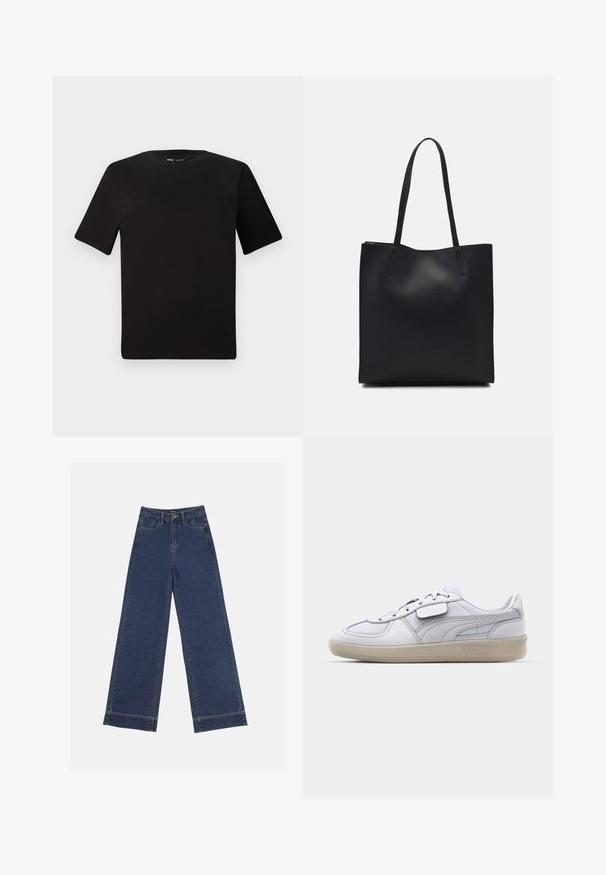 Musta lyhythihainen t-paita pyöreällä kaula-aukolla, valmistettu pehmeästä puuvillakankaasta. Yksinkertainen malli, ei näkyviä logoja tai kuvioita.; Vyötäröltä leveät farkut tummansinisestä denimmateriaalista. Varustettu viidellä taskulla, vyölenkeillä ja näkyvillä sauman yksityiskohdilla. Raaka helma alareunassa.; Valkoinen nahkakengät harmailla yksityiskohdilla, nauhakiinnitys ja teksturoitu kumipohja. Ominaisuuksiin kuuluu näkyvä logo sivulla.; Mustapahkainen kangaskassi, jossa on sileä pinta, suorakaiteen muotoinen ja kaksi pitkää kahvaa. Ei näkyvää metalliosaa tai koristeita.