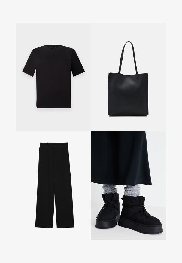 Tricou scurt negru cu mânecă scurtă și guler rotund, realizat dintr-un material de bumbac moale. Design simplu, fără logo-uri sau modele vizibile.; Pantaloni largi negri cu un tiv volant, cu două buzunare laterale și un material neted, ușor. Fără modele vizibile sau accesorii.; Bocanci negri pufoși până la glezne, cu tălpi plate, șireturi și cusături evidente. Asortați cu șosete gri cu dungi, care ies în evidență, purtate cu o fustă întunecată.; Geantă tote neagră din piele, cu textură netedă, formă rectangulară și două mânere lungi. Fără hardware vizibil sau ornamente.