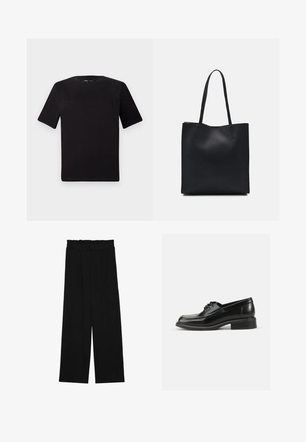 Čierne tričko s krátkym rukávom a okrúhlym výstrihom, vyrobené z mäkkej bavlny. Jednoduchý dizajn, bez viditeľných log alebo vzorov.; Čierne široké nohavice s volánovým pásom, obsahujúce dve bočné vrecká a hladký, ľahký materiál. Žiadne viditeľné vzory ani kovové príslušenstvo.; Čierne kožené formálne topánky s hladkým povrchom, okrúhlou špičkou, dvoma očkami na šnurovanie a pevným blokovým podpätkom. Jednoduchý dizajn bez vzorov.; Čierna kožená taška na rameno s hladkým povrchom, obdĺžnikovým tvarom a dvoma dlhými uchami. Bez viditeľného kovania alebo ozdôb.