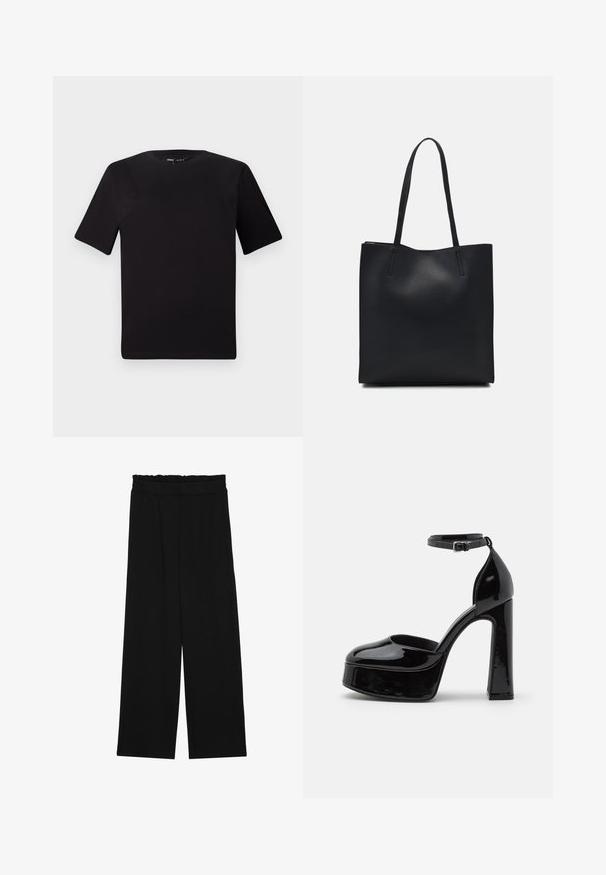 Must olema lühikeste varrukatega must t-särk ümmarguse kaelusega, valmistatud pehmest puuvillast kangast. Lihtne disain, ilma nähtavate logode või mustriteta.; Mustad laiad püksid rüüstatud vöökohtadega, millel on kaks küljetaskut ja ühetaoline, kerge kangas. Ilma nähtavate mustrite või seadmeteeta.; Musta lakitud nahast platvormikontsadega jalatsid, millel on pahkluu rihm, ümar varvas ja plokk konts, rõhutades sujuvat ja läikivat tekstuuri.; Mustast nahast kott sujuva tekstuuriga, ristkülikukujuline ja kahe pika sangaga. Pole nähtavat riistvara ega kaunistusi.