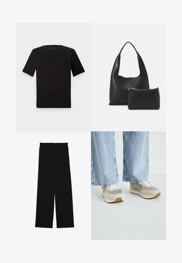 Černé tričko s krátkým rukávem a kulatým výstřihem, vyrobené z měkké bavlněné látky. Jednoduchý design, žádné viditelné logo nebo vzory.; Černé široké nohavice s volánkovým pasem, které mají dvě boční kapsy a hladkou, lehkou tkaninu. Žádné viditelné vzory ani kovové prvky.; Béžové a šedé tenisky s kombinací semiše a reflexního materiálu, bílé tkaničky, gumová podrážka a texturované detaily. Naprosto se hodí k světle modrým džínům.; Even&Odd Kabelka - black