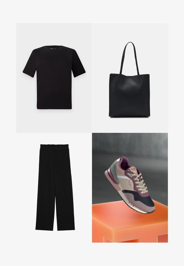 Crna majica kratkih rukava s okruglim izrezom, izrađena od mekane pamučne tkanine. Jednostavan dizajn, bez vidljivih logotipa ili uzoraka.; Crne široke hlače s naboranim pojasom, koje imaju dva bočna džepa i glatku, laganu tkaninu. Nema vidljivih uzoraka ili metalnih dijelova.; Tenisice u kombinaciji mauve, ružičaste i tamnoplave nijanse; materijali tkanine i kože; slojeviti dizajn; istaknuti logo i teksturirani detalji.; Crna kožna torba za nošenje s glatkom teksturom, pravokutnim oblikom i dvije duge ručke. Nema vidljivih metalnih dijelova ili ukrasa.