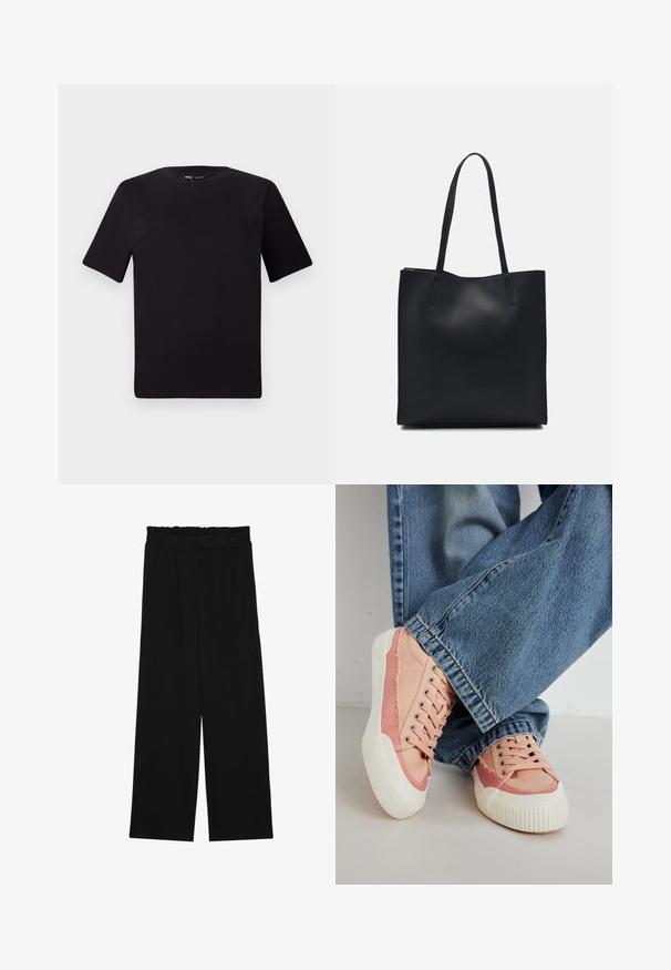 Svart kortärmad t-shirt med rund halsringning, tillverkad i mjukt bomullstyg. Enkelt mönster, utan synliga logotyper eller mönster.; Svarta vida byxor med en volang vid midjan, med två sidofickor och ett slätt, lätt tyg. Inga synliga mönster eller detaljer.; Rosa kanvas sneakers med vita gummisulor, med runda snörningsöglor och fransdetaljer, kombinerade med blå vida jeans.; Svart lädertoffelväska med slät textur, rektangulär form och två långa handtag. Ingen synlig hårdvara eller dekorationer.