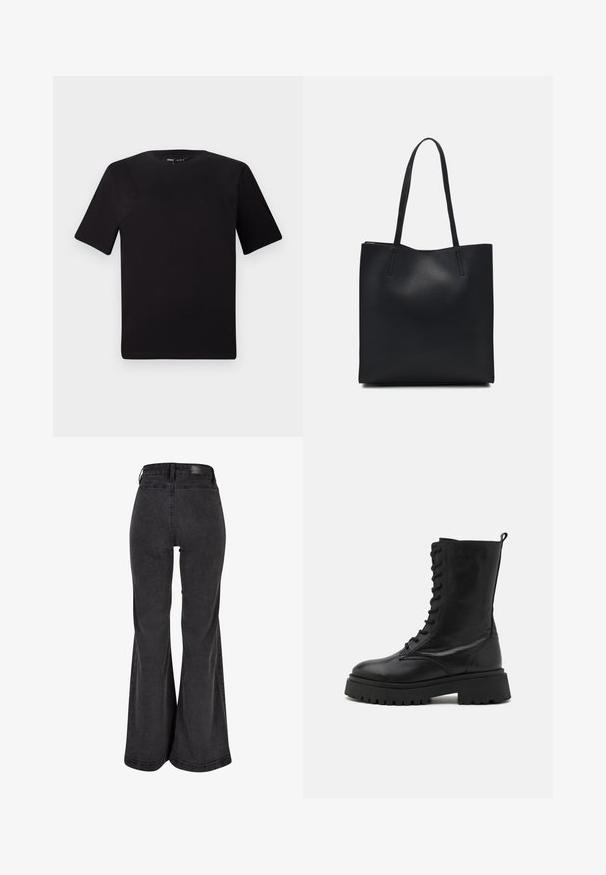 Must olema lühikeste varrukatega must t-särk ümmarguse kaelusega, valmistatud pehmest puuvillast kangast. Lihtne disain, ilma nähtavate logode või mustriteta.; Mustad musteraid püksid sileda tekstuuri, kõrge vöökoht ja kaubamärgi silt taga. Omab laia jala disaini, tugevdatud õmblused.; Mustri nahast sõjaväe saapad, millel on nööriga ette keeratav osa, ümar varvas, paksem tald ja tagaküljel tõmbeplugin. Tekstuuriga viimistlus ja tugev konstruktsioon.; Mustast nahast kott sujuva tekstuuriga, ristkülikukujuline ja kahe pika sangaga. Pole nähtavat riistvara ega kaunistusi.