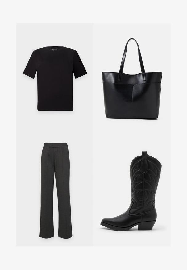 Black short-sleeve t-shirt with a round neckline, crafted from soft cotton fabric. Simple design, no visible logos or patterns.; Black straight-leg pants with an elastic waistband, front pleats, soft fabric, and no visible patterns or hardware details.; Black cowboy boot with a pointed toe, textured leather, decorative stitching on the shaft, and a low stacked heel.; Black leather tote bag with two long handles, a smooth texture, and a structured shape. Features a front pocket for additional storage.