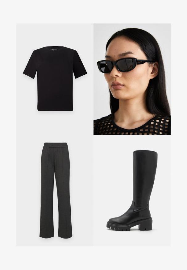 Fekete, rövid ujjú póló, kerek nyakkal, puha pamutból készült. Egyszerű dizájn, nincs látható logó vagy minta.; Fekete egyenes szabású nadrág, gumis derékkal, elöl pliszékkel, puha anyagból, látható minták vagy fém részletek nélkül.; Térd felett érő fekete bőr csizmák sima textúrával, vastag platform talppal és négyzetes orral. Minimál stílus, látható díszítések nélkül.; Fekete macskaszem napszemüveg sötét lencsékkel, fényes műanyag kerettel és arany logó kiegészítővel a szárán. Minimalista dizájn és könnyű anyag.; Fekete bőrtáska ívelt formával, levehető pánttal és arany színű fémrészekkel. A táskán egy csattal díszített fedél található.