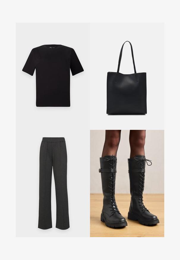 Sort kortærmet t-shirt med rund halsudskæring, lavet af blødt bomuldsstof. Enkel design, ingen synlige logoer eller mønstre.; Sorte lige bukser med elastisk talje, frontfolder, blødt stof og ingen synlige mønstre eller hardware-detaljer.; Høje sorte læder snørestøvler med knæhøjde, rund tå, tyk struktureret sål samt dekorativ side rem og hardware detalje.; Sort læder tote taske med glat tekstur, rektangulær form og to lange hanke. Ingen synlig hardware eller udsmykninger.