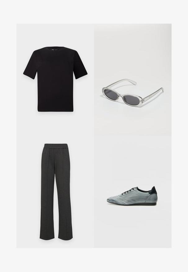 Black short-sleeve t-shirt with a round neckline, crafted from soft cotton fabric. Simple design, no visible logos or patterns.; Black straight-leg pants with an elastic waistband, front pleats, soft fabric, and no visible patterns or hardware details.; Light gray leather sneaker with a sleek design, featuring stitched detailing, black laces, and a dark heel accent. Rubber sole.; Sunglasses with an oval shape, clear plastic frame, dark gray lenses, and thin transparent arms featuring logo accents and minimal detailing.