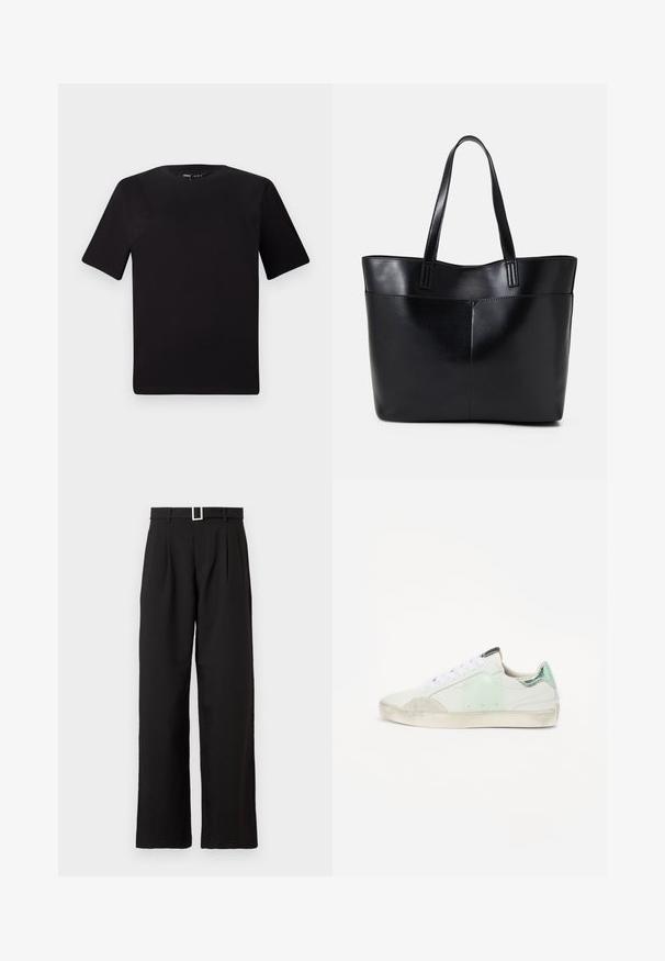 Musta lyhythihainen t-paita pyöreällä kaula-aukolla, valmistettu pehmeästä puuvillakankaasta. Yksinkertainen malli, ei näkyviä logoja tai kuvioita.; Mustat korkeavyötäröiset leveät housut, joissa on vyölenkit ja hopea suorakulmainen solki valkoisella taustalla.; Valkoiset lenkkarit, joissa on mintunvihreät ja vaaleanharmaat yksityiskohdat, teksturoitu kangas, kumipohja ja valkoiset nauhat. Hieman kulunut ilme kärjessä.; Musta nahkainen kassi, jossa on kaksi pitkää kahvaa, sileä pinta ja jämäkkä muoto. Sisältää etutaskun lisävarastointia varten.