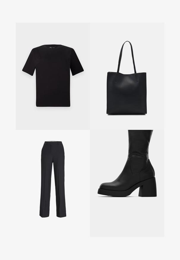 Czarna koszulka z krótkim rękawem o okrągłym dekolcie, wykonana z miękkiej bawełny. Prosty design, bez widocznych logo ani wzorów.; Czarne, wysokie spodnie o prostym kroju nogawki. Wykonane z gładkiego materiału, z przodu z zaszewkami i bocznymi kieszeniami.; Czarna skórzana botka do połowy łydki z masywnym słupkiem i okrągłym noskiem, przedstawiona w profilu bocznym na białym tle.; Czarna skórzana torba tote o gładkiej fakturze, prostokątnym kształcie i dwóch długich uchwytach. Brak widocznych elementów metalowych i ozdób.