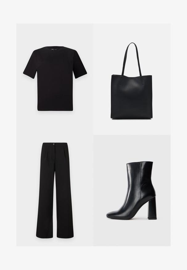 Svart t-skjorte med korte ermer og rund hals, laget av mykt bomullsstoff. Enkelt design, ingen synlige logoer eller mønstre.; Svarte høytlivde vide bukser med frontknapp og glidelåslukking, med subtile folder under midjen.; Svart skinnstøvel til midten av leggen med spiss tå og kraftig høy hæl, vist fra siden på en ensfarget hvit bakgrunn.; Svart lær tote bag med glatt tekstur, rektangulær form og to lange håndtak. Ingen synlige deler eller dekorasjoner.