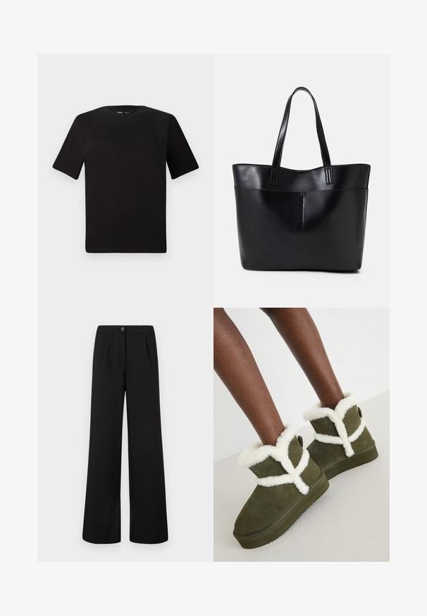 Black short-sleeve t-shirt with a round neckline, crafted from soft cotton fabric. Simple design, no visible logos or patterns.; Black high-waist wide-leg trousers with front button and zipper closure, featuring subtle pleats below the waistband.; Green suede ankle boots with white faux fur trim, featuring a cross design, flat rubber sole, and a pull tab at the back for easy wear.; Black leather tote bag with two long handles, a smooth texture, and a structured shape. Features a front pocket for additional storage.