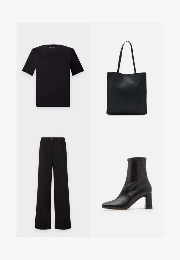 Melnas īsām piedurknēm T-krekls ar apaļu kakla izgriezumu, izgatavots no mīksta kokvilnas auduma. Vienkāršs dizains, bez redzamām logo vai rakstiem.; Melni augstais viduklis plašie bikses ar priekšējo pogu un rāvējslēdzēju, ar nelieliem krokām zem jostasvietas.; Melna ādas potīšu zābaki ar gludu apdari, smailu purngalu un bloku papēdi. Iezīmēti ar augstu aproci un toņa dūriens augšējā daļā.; Melnas ādas somiņa ar gludu tekstūru, taisnstūra formu un divām garām rokturiem. Nav redzamu aparatūras vai rotājumu.