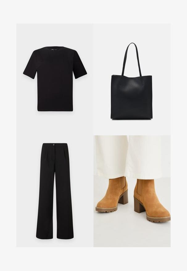 Schwarzes T-Shirt mit kurzen Ärmeln und Rundhalsausschnitt, aus weichem Baumwollmaterial gefertigt. Schlichtes Design, keine sichtbaren Logos oder Muster.; Schwarze hohe Weite Hosen mit vorderem Knopf- und Reißverschluss, die subtile Falten unterhalb des Bundes aufweisen.; Helle Wildleder-Ankle Boots mit einem dickem Blockabsatz, ausgestattet mit elastischen Seitenpaneelen und einer robusten Sohle für besseren Halt. Texturiertes Obermaterial mit Nähdetails.; Schwarze Laptoptasche aus Leder mit glatter Textur, rechteckiger Form und zwei langen Griffen. Keine sichtbaren Beschläge oder Verzierungen.