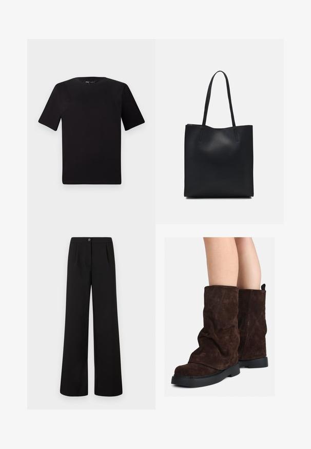 Must olema lühikeste varrukatega must t-särk ümmarguse kaelusega, valmistatud pehmest puuvillast kangast. Lihtne disain, ilma nähtavate logode või mustriteta.; Mustad kõrge vöökohaga laiad püksid, millel on esine nupp ja tõmblukk, ning vöökohal on peened voldid.; Pruunid sametist keskmise pikkusega saapad mustade kummist talladega, kantud paljaste jalgadega, saapaste varsi peal on nähtavad kerged kortsud.; Mustast nahast kott sujuva tekstuuriga, ristkülikukujuline ja kahe pika sangaga. Pole nähtavat riistvara ega kaunistusi.