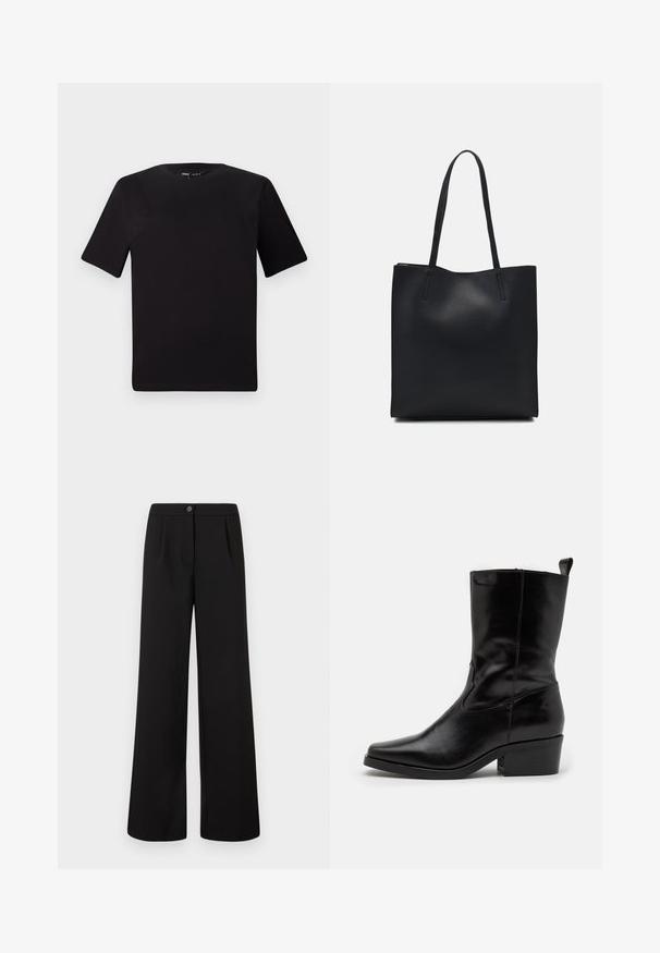 Sort kortærmet t-shirt med rund halsudskæring, lavet af blødt bomuldsstof. Enkel design, ingen synlige logoer eller mønstre.; Sorte højtaljede bukser med brede ben, der har frontknap og lynlås-lukning, og med subtile plisseringer under taljen.; Sorte læder ankelstøvler med spids tå, lav blokhæl og syet detaljer. Har elastiske paneler på siden for nem påtagning.; Sort læder tote taske med glat tekstur, rektangulær form og to lange hanke. Ingen synlig hardware eller udsmykninger.