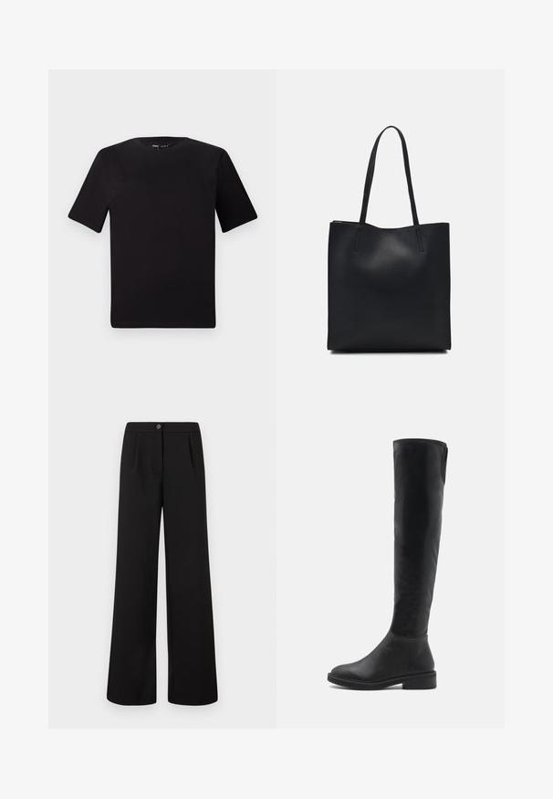 Crna majica kratkih rukava s okruglim izrezom, izrađena od mekane pamučne tkanine. Jednostavan dizajn, bez vidljivih logotipa ili uzoraka.; Crne široke hlače visoko struka s prednjim kopčanjem na dugme i patent zatvaračem, s blagim nabora ispod pojasnice.; Crne čizme do koljena napravljene od glatke umjetne kože s okruglim vrhom, niskom blok petom i kontrastnim šavovima duž gornjeg ruba.; Crna kožna torba za nošenje s glatkom teksturom, pravokutnim oblikom i dvije duge ručke. Nema vidljivih metalnih dijelova ili ukrasa.