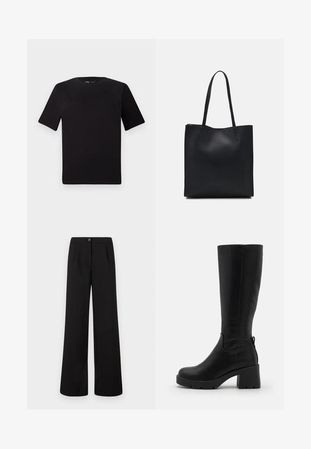 Melnas īsām piedurknēm T-krekls ar apaļu kakla izgriezumu, izgatavots no mīksta kokvilnas auduma. Vienkāršs dizains, bez redzamām logo vai rakstiem.; Melni augstais viduklis plašie bikses ar priekšējo pogu un rāvējslēdzēju, ar nelieliem krokām zem jostasvietas.; Even&Odd Zābaki ar platformu - black; Melnas ādas somiņa ar gludu tekstūru, taisnstūra formu un divām garām rokturiem. Nav redzamu aparatūras vai rotājumu.