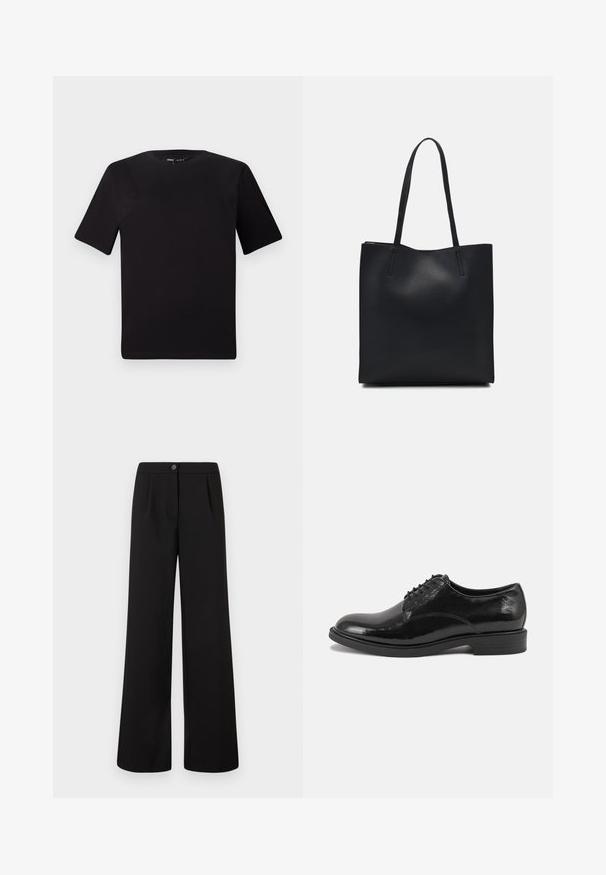 Črna majica s kratkimi rokavi in okroglim izrezom, izdelana iz mehkega bombažnega materiala. Preprost dizajn, brez vidnih logotipov ali vzorcev.; Črne hlače širokega kroja z visokim pasom, z zapiranjem na gumbe in zadrgo spredaj, ki imajo diskretne naborke pod pasom.; Črne usnjene oblečne čevlje z sijajem, okroglo konico in vezalnim dizajnom. Imajo nizko zloženo peto in subtilne šivane podrobnosti.; Črna usnjena torba s svilnato teksturo, pravokotne oblike in dvema dolgima ročajema. Brez vidnih metalnih delov ali okrasnih elementov.