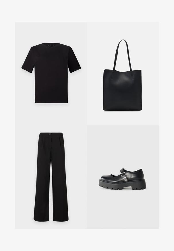 Camiseta negra de manga corta con cuello redondo, fabricada en suave algodón. Diseño simple, sin logos ni patrones visibles.; Pantalones negros de tiro alto y pierna ancha con cierre frontal de botón y cremallera, que presentan suaves pliegues debajo de la cintura.; ALDO ARIGON - Zapatos sin cordones - black; Bolso tote de cuero negro con textura lisa, forma rectangular y dos asas largas. Sin herrajes ni adornos visibles.