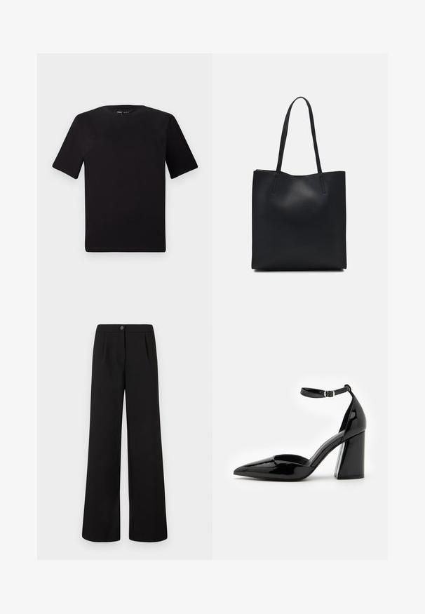 Black short-sleeve t-shirt with a round neckline, crafted from soft cotton fabric. Simple design, no visible logos or patterns.; Black high-waist wide-leg trousers with front button and zipper closure, featuring subtle pleats below the waistband.; Black patent leather high heel shoe with a pointed toe, ankle strap, and wide block heel for stability, featuring a smooth glossy texture.; Black leather tote bag with smooth texture, rectangular shape, and two long handles. No visible hardware or embellishments.