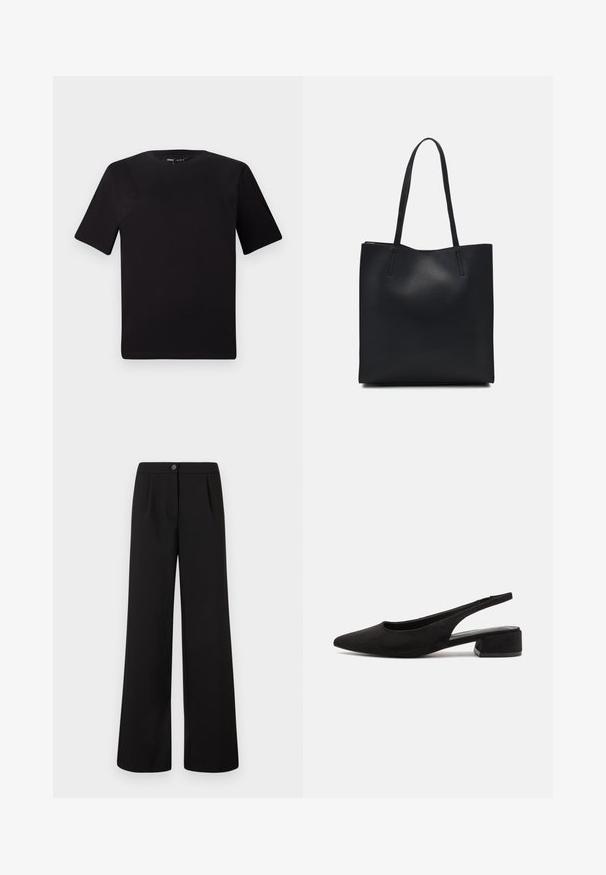 Black short-sleeve t-shirt with a round neckline, crafted from soft cotton fabric. Simple design, no visible logos or patterns.; Black high-waist wide-leg trousers with front button and zipper closure, featuring subtle pleats below the waistband.; Call it Spring BECKYY B.E.D FOAM - Classic heels - black; Black leather tote bag with smooth texture, rectangular shape, and two long handles. No visible hardware or embellishments.