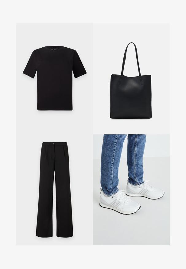 T-shirt preta de mangas curtas com decote redondo, feita de tecido de algodão suave. Design simples, sem logótipos ou padrões visíveis.; Calças largas de cintura alta pretas com fecho frontal em botão e zipper, apresentando pregas subtis abaixo da cintura.; Sapatilhas atléticas brancas com uma textura suave, apresentando três riscas paralelas, cordões e uma sola de borracha preta. Usadas com jeans azuis.; Bolsa tote preta em couro com textura lisa, forma retangular e duas alças longas. Sem hardware ou enfeites visíveis.