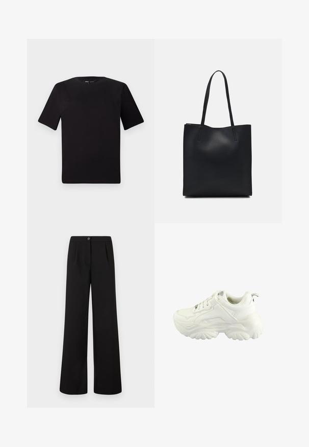 Black short-sleeve t-shirt with a round neckline, crafted from soft cotton fabric. Simple design, no visible logos or patterns.; Black high-waist wide-leg trousers with front button and zipper closure, featuring subtle pleats below the waistband.; White sneaker featuring a chunky design, smooth synthetic upper, padded collar, and textured rubber sole with a diamond pattern.; Black leather tote bag with smooth texture, rectangular shape, and two long handles. No visible hardware or embellishments.