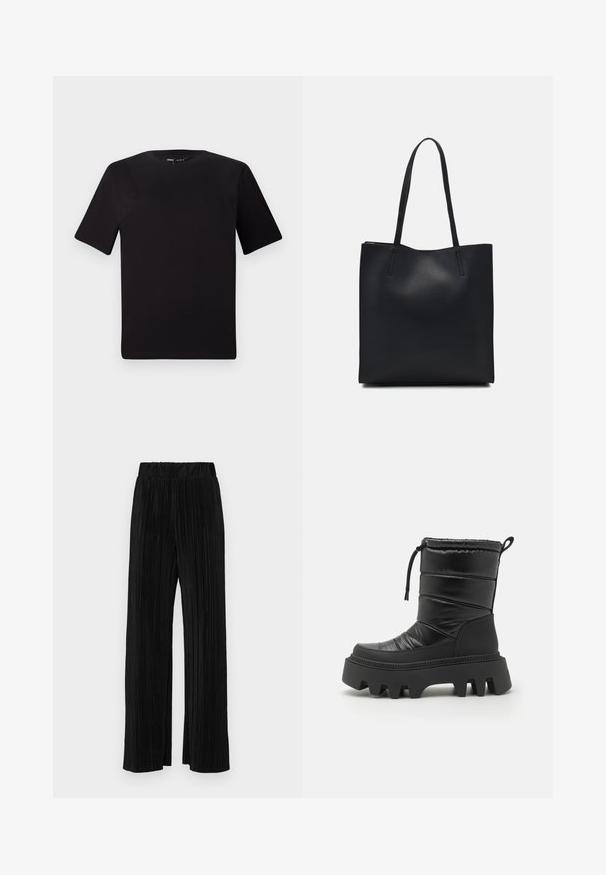 Czarna koszulka z krótkim rękawem o okrągłym dekolcie, wykonana z miękkiej bawełny. Prosty design, bez widocznych logo ani wzorów.; Czarne spodnie plisowane z elastycznym paskiem w talii. Posiadają szerokie nogawki oraz gładki, teksturowany materiał z pionowymi paskami.; Czarne ocieplane botki za kostkę z pikowaną teksturą, solidną, grubą gumową podeszwą, regulowanym sznurkiem u góry oraz wyraźnym wzorem bieżnika.; Czarna skórzana torba tote o gładkiej fakturze, prostokątnym kształcie i dwóch długich uchwytach. Brak widocznych elementów metalowych i ozdób.
