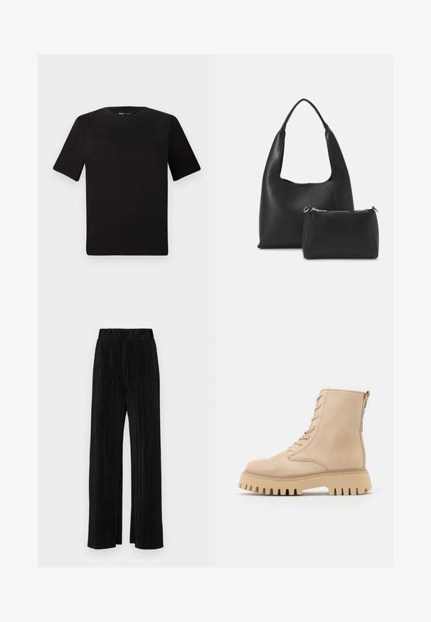 Czarna koszulka z krótkim rękawem o okrągłym dekolcie, wykonana z miękkiej bawełny. Prosty design, bez widocznych logo ani wzorów.; Czarne spodnie plisowane z elastycznym paskiem w talii. Posiadają szerokie nogawki oraz gładki, teksturowany materiał z pionowymi paskami.; Beżowe skórzane botki sięgające do kostki z okrągłym noskiem, sznurowaniem z przodu i bocznym zamkiem błyskawicznym, z grubą, ząbkowaną podeszwą.; Even&Odd - Torebka