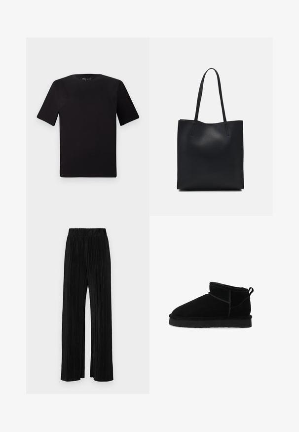 Sort kortærmet t-shirt med rund halsudskæring, lavet af blødt bomuldsstof. Enkel design, ingen synlige logoer eller mønstre.; Sorte plisserede bukser med elastisk talje. Har brede ben og et glat, tekstureret stof med lodrette striber.; Bianco Vinterstøvler - black; Sort læder tote taske med glat tekstur, rektangulær form og to lange hanke. Ingen synlig hardware eller udsmykninger.