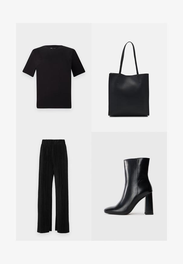 Melnas īsām piedurknēm T-krekls ar apaļu kakla izgriezumu, izgatavots no mīksta kokvilnas auduma. Vienkāršs dizains, bez redzamām logo vai rakstiem.; Melni plīšu bikses ar elastīgu jostu. Tām ir platākas kājas un gluda, teksturēta auduma ar vertikālām svītrām.; Melna ādas zābaks līdz teļiem ar norādītu purngalu un masīlu augstu papēdi, attēlots no sāniem uz vienkārša balta fona.; Melnas ādas somiņa ar gludu tekstūru, taisnstūra formu un divām garām rokturiem. Nav redzamu aparatūras vai rotājumu.