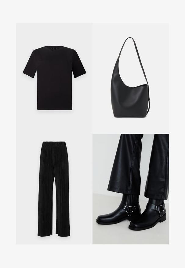 Camiseta negra de manga corta con cuello redondo, fabricada en suave algodón. Diseño simple, sin logos ni patrones visibles.; Pantalones negros de pliegues con una cintura elástica. Presentan piernas anchas y una tela suave y texturada con rayas verticales.; Botines de cuero negro con punta redonda, que cuentan con una hebilla decorativa y tachuelas en la correa, además de un diseño acanalado vertical.; Bolso tipo hobo de cuero negro con una textura suave, forma curvada y una sola correa ajustable; presenta una amplia apertura en la parte superior.