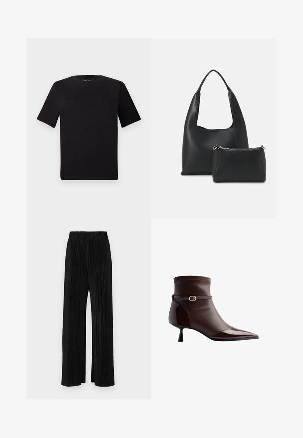 Zwarte T-shirt met korte mouwen en een ronde hals, gemaakt van zachte katoenstof. Eenvoudig ontwerp, geen zichtbare logo's of patronen.; Zwarte geplooide broek met een elastische tailleband. Beschikt over wijde pijpen en een glad, gestructureerd stof met verticale strepen.; Bruine leren enkellaars met een spitse neus, kleine kittenhak en een dunne riem met een kleine gouden gesp rond de enkel.; Even&Odd Handtas - black