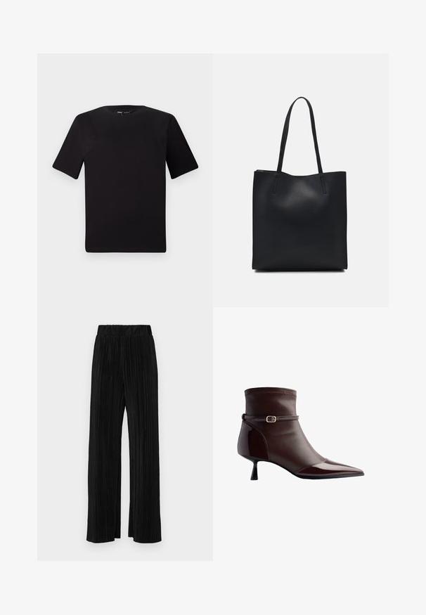 Musta lyhythihainen t-paita pyöreällä kaula-aukolla, valmistettu pehmeästä puuvillakankaasta. Yksinkertainen malli, ei näkyviä logoja tai kuvioita.; Mustat pleatatut housut, joissa on joustava vyötärö. Ominaisuuksiin kuuluvat leveät lahkeet ja sileä, teksturoitu kangas, jossa on pystysuoria raitoja.; Ruskohvid pruun nahk, millel on terav varvas, väike kitsas konts ja õhiku peal peen nööp kuldse klambriga. ; Mustapahkainen kangaskassi, jossa on sileä pinta, suorakaiteen muotoinen ja kaksi pitkää kahvaa. Ei näkyvää metalliosaa tai koristeita.