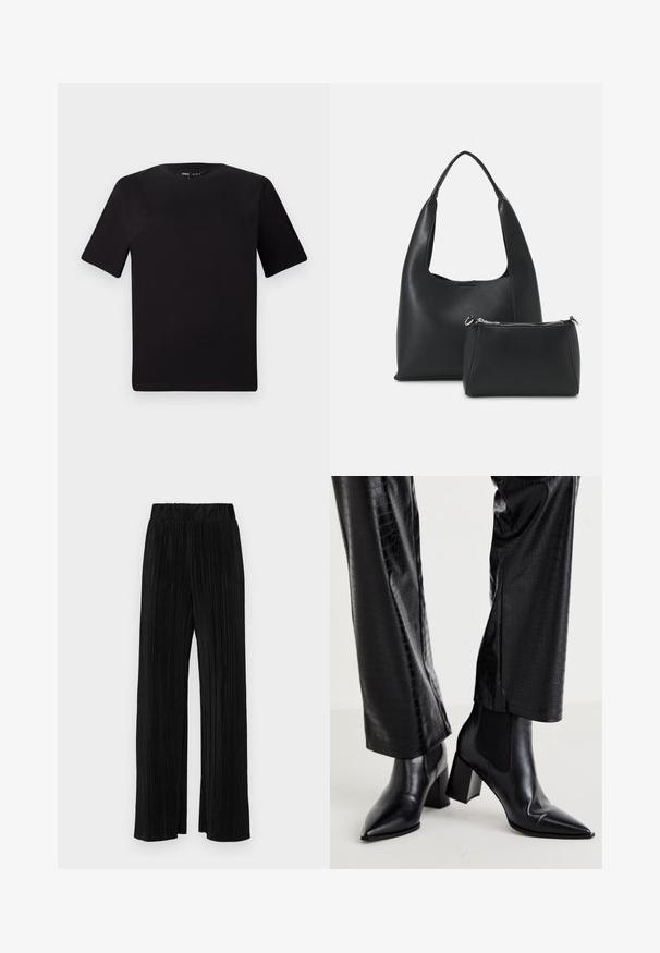 Melnas īsām piedurknēm T-krekls ar apaļu kakla izgriezumu, izgatavots no mīksta kokvilnas auduma. Vienkāršs dizains, bez redzamām logo vai rakstiem.; Melni plīšu bikses ar elastīgu jostu. Tām ir platākas kājas un gluda, teksturēta auduma ar vertikālām svītrām.; RAID NEMMA - Klasiski puszābaki - black metallic; Even&Odd Rokassoma - black
