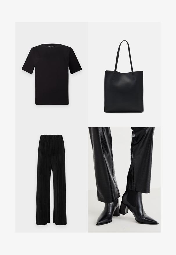 Svart t-skjorte med korte ermer og rund hals, laget av mykt bomullsstoff. Enkelt design, ingen synlige logoer eller mønstre.; Sorte plisserte bukser med elastisk midje. Har vide ben og et glatt, strukturert stoff med vertikale striper.; RAID NEMMA - Støvletter - black metallic; Svart lær tote bag med glatt tekstur, rektangulær form og to lange håndtak. Ingen synlige deler eller dekorasjoner.