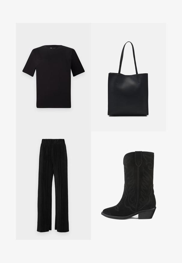 Tricou scurt negru cu mânecă scurtă și guler rotund, realizat dintr-un material de bumbac moale. Design simplu, fără logo-uri sau modele vizibile.; Pantaloni negri plisati cu talie elastică. Prezintă picioare largi și un material neted, texturat, cu dungi verticale.; Botină de cowboy din suede negru, cu model floral cusut, vârf ascuțit și toc bloc mic. Dispune de un șiret înalt și o bucată de plastic pentru a o trage.; Geantă tote neagră din piele, cu textură netedă, formă rectangulară și două mânere lungi. Fără hardware vizibil sau ornamente.