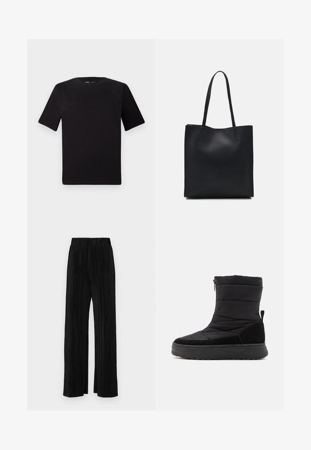 Juodas trumpas rankovės marškinėlis su apvaliu iškirpimu, pagamintas iš minkštos medvilnės medžiagos. Paprastas dizainas, be matomų logotipų ar raštų.; Juodi plisuoti kelnės su elastine juosta. Turėkite plačias kojas ir glotnų, tekstūrinį audinį su vertikaliais dryžiais.; Juodas vandeniui atsparus batas su paminkštintu viršumi, suede akcentais, tekstūruotu guminiais padu ir šoniniu užtrauktuku. Minkšta pamušalo medžiaga matoma viršuje.; Juodas odinis tote krepšys su lygia tekstūra, stačiakampio formos ir dviem ilgais rankenomis. Matomų metalinių detalių ar puošybos nėra.