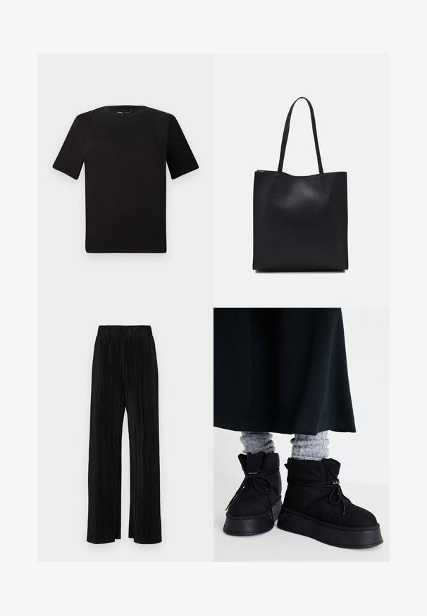 Juodas trumpas rankovės marškinėlis su apvaliu iškirpimu, pagamintas iš minkštos medvilnės medžiagos. Paprastas dizainas, be matomų logotipų ar raštų.; Juodi plisuoti kelnės su elastine juosta. Turėkite plačias kojas ir glotnų, tekstūrinį audinį su vertikaliais dryžiais.; Juodai pūkuoti kulkšninių batai su plokščiomis padangomis, šnuotėmis ir ryškiu siuvimu. Dėvimi su pilkų raukšlėtų kojinių, kurios kyšo iš po tamsios sijono.; Juodas odinis tote krepšys su lygia tekstūra, stačiakampio formos ir dviem ilgais rankenomis. Matomų metalinių detalių ar puošybos nėra.