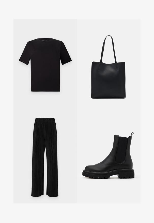 Melnas īsām piedurknēm T-krekls ar apaļu kakla izgriezumu, izgatavots no mīksta kokvilnas auduma. Vienkāršs dizains, bez redzamām logo vai rakstiem.; Melni plīšu bikses ar elastīgu jostu. Tām ir platākas kājas un gluda, teksturēta auduma ar vertikālām svītrām.; Melnas ādas Čelsijas zābaki ar elastīgām sānu daļām un vilkšanas cilpiņu. Biezas, strukturētas melnas gumijas zoles ar izteiktu protektora dizainu.; Melnas ādas somiņa ar gludu tekstūru, taisnstūra formu un divām garām rokturiem. Nav redzamu aparatūras vai rotājumu.