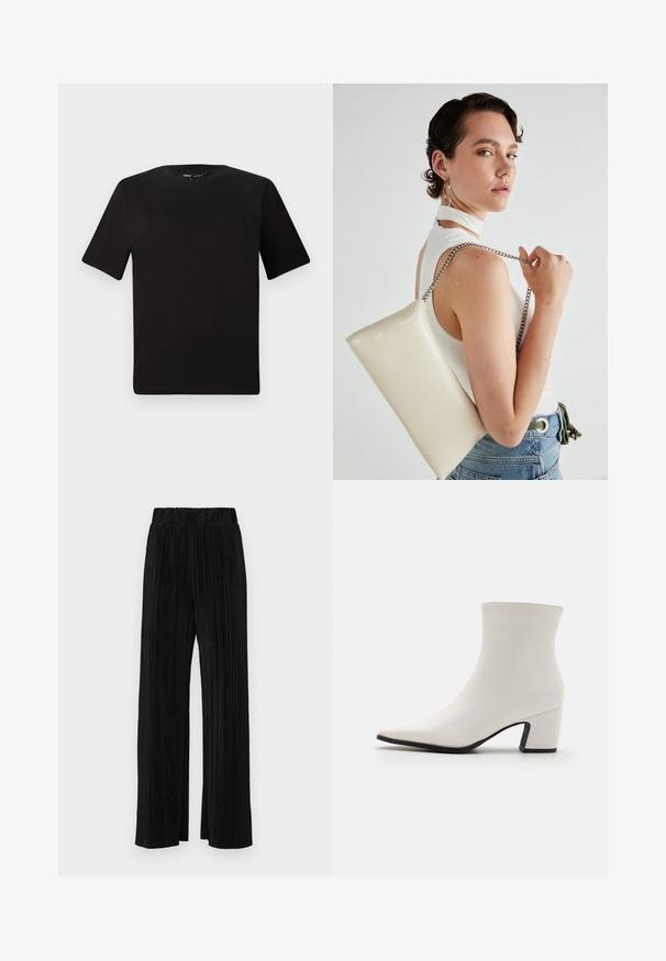Fekete, rövid ujjú póló, kerek nyakkal, puha pamutból készült. Egyszerű dizájn, nincs látható logó vagy minta.; Fekete pliszírozott nadrág gumis derekkal. Széles lábakkal rendelkezik, sima, texturált anyagból készült, függőleges csíkokkal.; RAID DELPHIE - Klasszikus bokacsizmák - white; Fehér, téglalap alakú, fényes anyagból készült clutch táska, ezüst láncos pánttal. A modell pózol, bemutatva a táskát egy egyszínű háttér előtt.