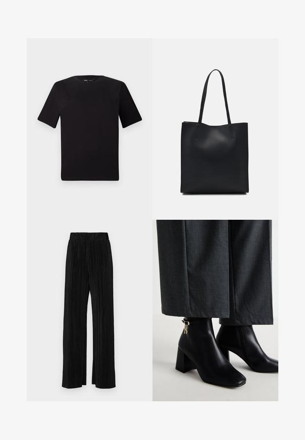 Crna majica kratkih rukava s okruglim izrezom, izrađena od mekane pamučne tkanine. Jednostavan dizajn, bez vidljivih logotipa ili uzoraka.; Crne plisirane hlače s elastičnim pojasom. Imaju široke nogavice i glatku, teksturiranu tkaninu s vertikalnim prugama.; Crne kožne gležnjače sa četvrtastim nosom i blok petom. Imaju zlatni logo detalj na trakama. Uparene su sa sivim hlačama širokog kroja.; Crna kožna torba za nošenje s glatkom teksturom, pravokutnim oblikom i dvije duge ručke. Nema vidljivih metalnih dijelova ili ukrasa.