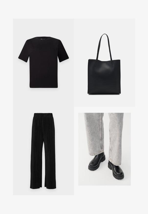 Fekete, rövid ujjú póló, kerek nyakkal, puha pamutból készült. Egyszerű dizájn, nincs látható logó vagy minta.; Fekete pliszírozott nadrág gumis derekkal. Széles lábakkal rendelkezik, sima, texturált anyagból készült, függőleges csíkokkal.; Vagabond COSMO - Platform bokacsizmák - black; Fekete bőrtáska sima felszínnel, téglalap alakú, két hosszú füllel. Nincs látható fémkiegészítő vagy díszítés.