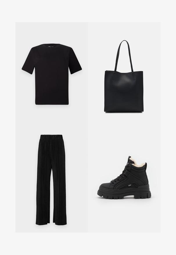 Černé tričko s krátkým rukávem a kulatým výstřihem, vyrobené z měkké bavlněné látky. Jednoduchý design, žádné viditelné logo nebo vzory.; Černé plisované kalhoty s elastickým pasem. Mají široké nohavice a hladkou, strukturovanou tkaninu s vertikálními pruhy.; Buffalo ASPHA MID WARM - Šněrovací kotníkové boty - black; Černá kožená taška přes rameno s hladkým povrchem, obdélníkovým tvarem a dvěma dlouhými uchy. Žádné viditelné kování ani ozdoby.