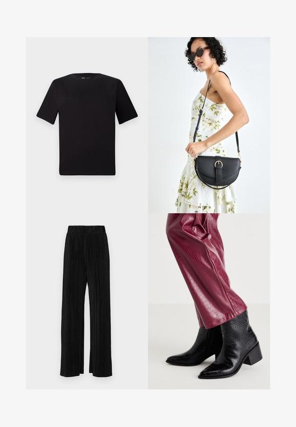 Czarna koszulka z krótkim rękawem o okrągłym dekolcie, wykonana z miękkiej bawełny. Prosty design, bez widocznych logo ani wzorów.; Czarne spodnie plisowane z elastycznym paskiem w talii. Posiadają szerokie nogawki oraz gładki, teksturowany materiał z pionowymi paskami.; Czarne skórzane botki za kostkę o teksturowanej powierzchni, z wąskim nosem i niskim obcasem w kształcie słupka, zestawione z dopasowanymi burgundowymi spodniami z ekoskóry z wzorem krokodyla.; Czarna skórzana torebka o zakrzywionym kształcie, z odpinanym paskiem i złotymi akcentami. Torebka posiada klapę z zapięciem w kształcie klamry.