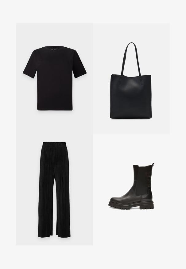 Black short-sleeve t-shirt with a round neckline, crafted from soft cotton fabric. Simple design, no visible logos or patterns.; Black pleated trousers with an elastic waistband. Features wide legs and a smooth, textured fabric with vertical stripes.; Black leather ankle boots with elastic side panels, rounded toe, and a thick, textured rubber sole featuring deep treads for traction.; Black leather tote bag with smooth texture, rectangular shape, and two long handles. No visible hardware or embellishments.