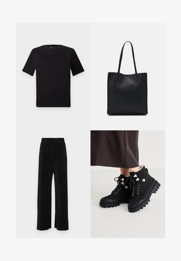 Black short-sleeve t-shirt with a round neckline, crafted from soft cotton fabric. Simple design, no visible logos or patterns.; Black pleated trousers with an elastic waistband. Features wide legs and a smooth, textured fabric with vertical stripes.; Black ankle boots with a textured suede upper, chunky rubber sole, metallic eyelets, and contrasting laces for secure fastening. Fuzzy lining visible.; Black leather tote bag with smooth texture, rectangular shape, and two long handles. No visible hardware or embellishments.
