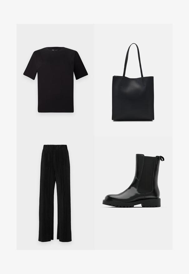 Czarna koszulka z krótkim rękawem o okrągłym dekolcie, wykonana z miękkiej bawełny. Prosty design, bez widocznych logo ani wzorów.; Czarne spodnie plisowane z elastycznym paskiem w talii. Posiadają szerokie nogawki oraz gładki, teksturowany materiał z pionowymi paskami.; Czarne kozaki za kostkę wykonane z błyszczącego materiału, z elastycznymi panelami bocznymi, uchwytem do zakupu i grubą, wytrzymałą podeszwą z bieżnikiem.; Czarna skórzana torba tote o gładkiej fakturze, prostokątnym kształcie i dwóch długich uchwytach. Brak widocznych elementów metalowych i ozdób.